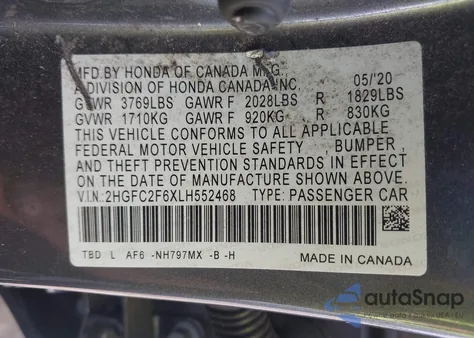 2020 Honda Civic Lx z USA, uszkodzony, nr VIN 2HGFC2F6XLH552468